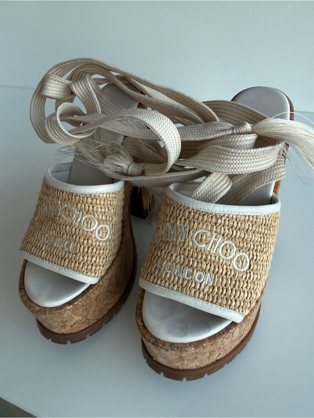 Jimmy Choo Cream Woven Cork Wedge Sandals with Ankle Wraps